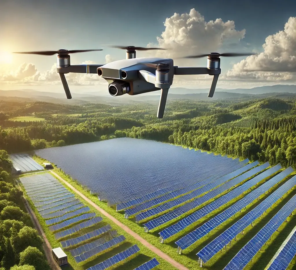 Drone flying over a solar farm, showcasing innovative technology for monitoring and maintaining renewable energy installations.