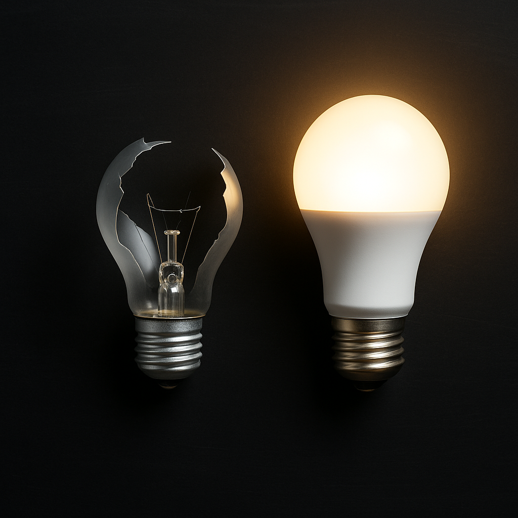 Καμένη λάμπα δίπλα σε φωτεινή LED λάμπα – παράδειγμα άρθρου για τις αιτίες που καίγονται οι λάμπες