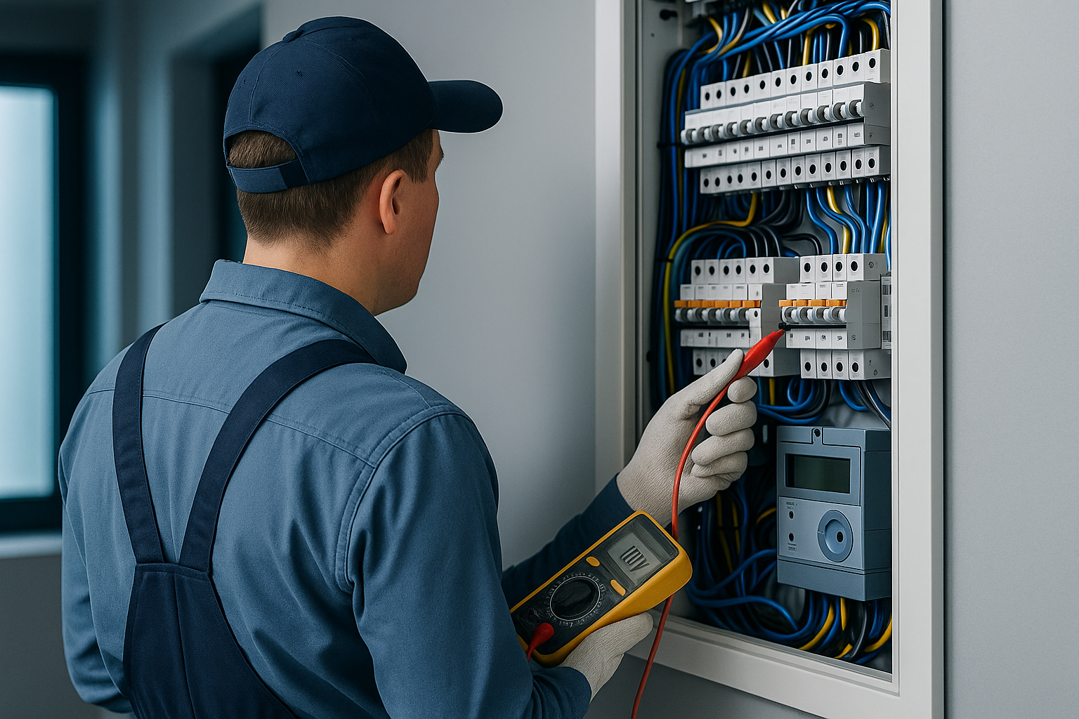 Ηλεκτρολόγος πραγματοποιεί έλεγχο ηλεκτρολογικής εγκατάστασης για ασφάλεια σύμφωνα με το πρότυπο ΕΛΟΤ 60364