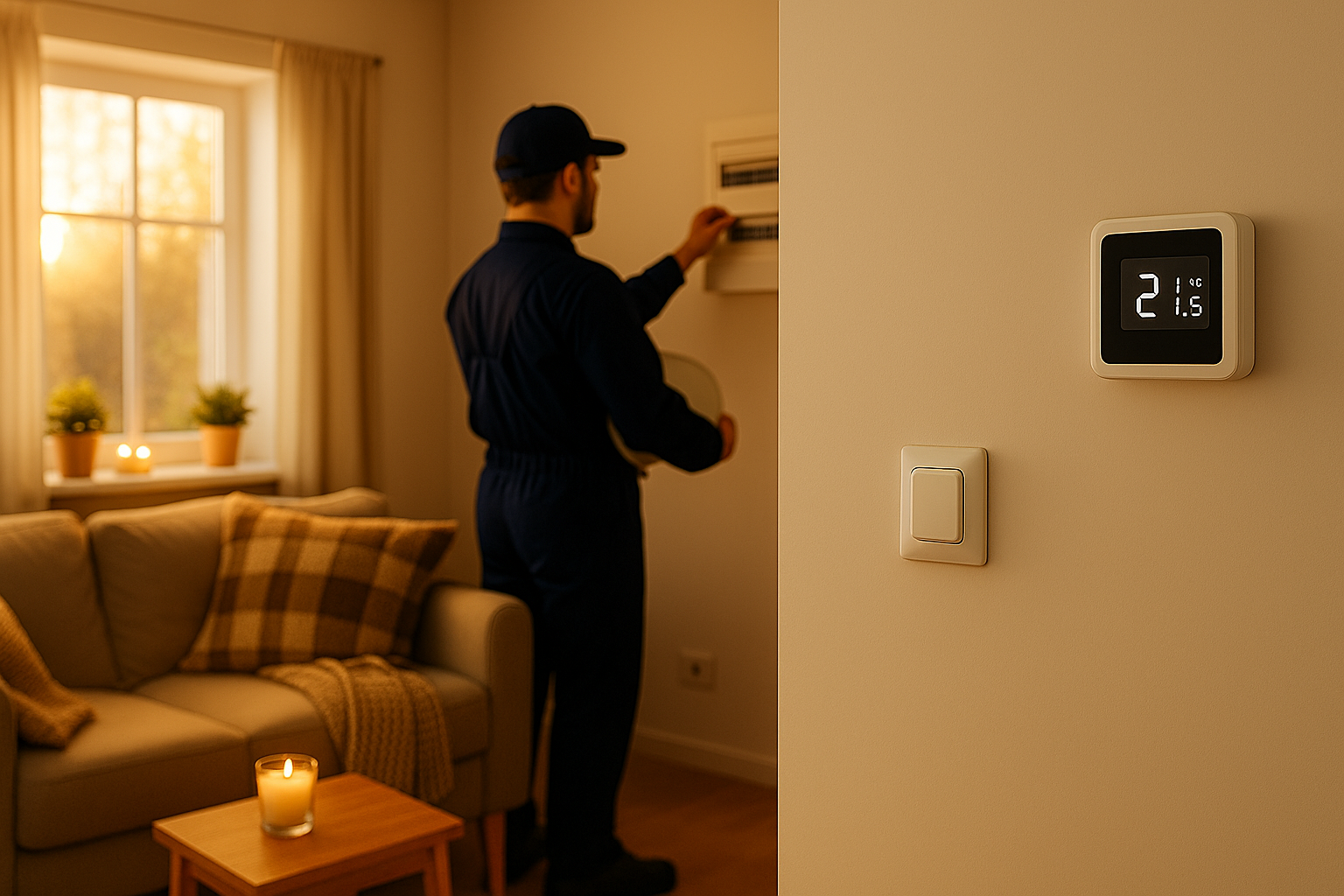 Ηλεκτρολόγος ελέγχει τον πίνακα σε ζεστό, φωτεινό σαλόνι — προετοιμασία σπιτιού για τον χειμώνα με ασφάλεια και εξοικονόμηση ενέργειας