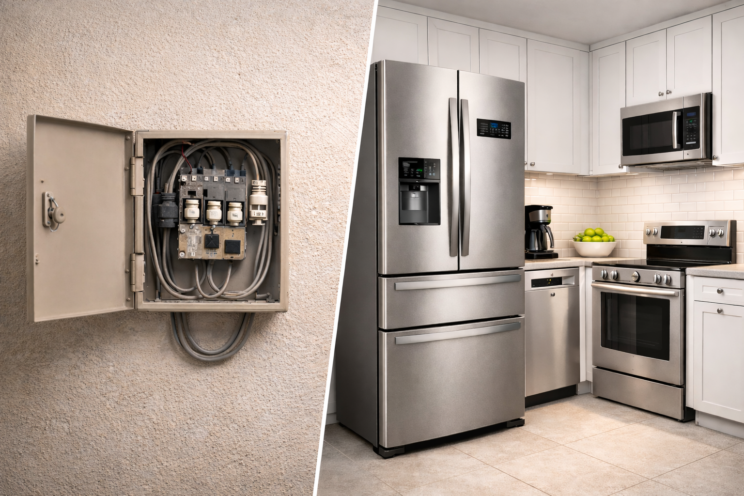 παλιός ηλεκτρικός πίνακας και σύγχρονη κουζίνα με σύγχρονες ηλεκτρικές συσκευές